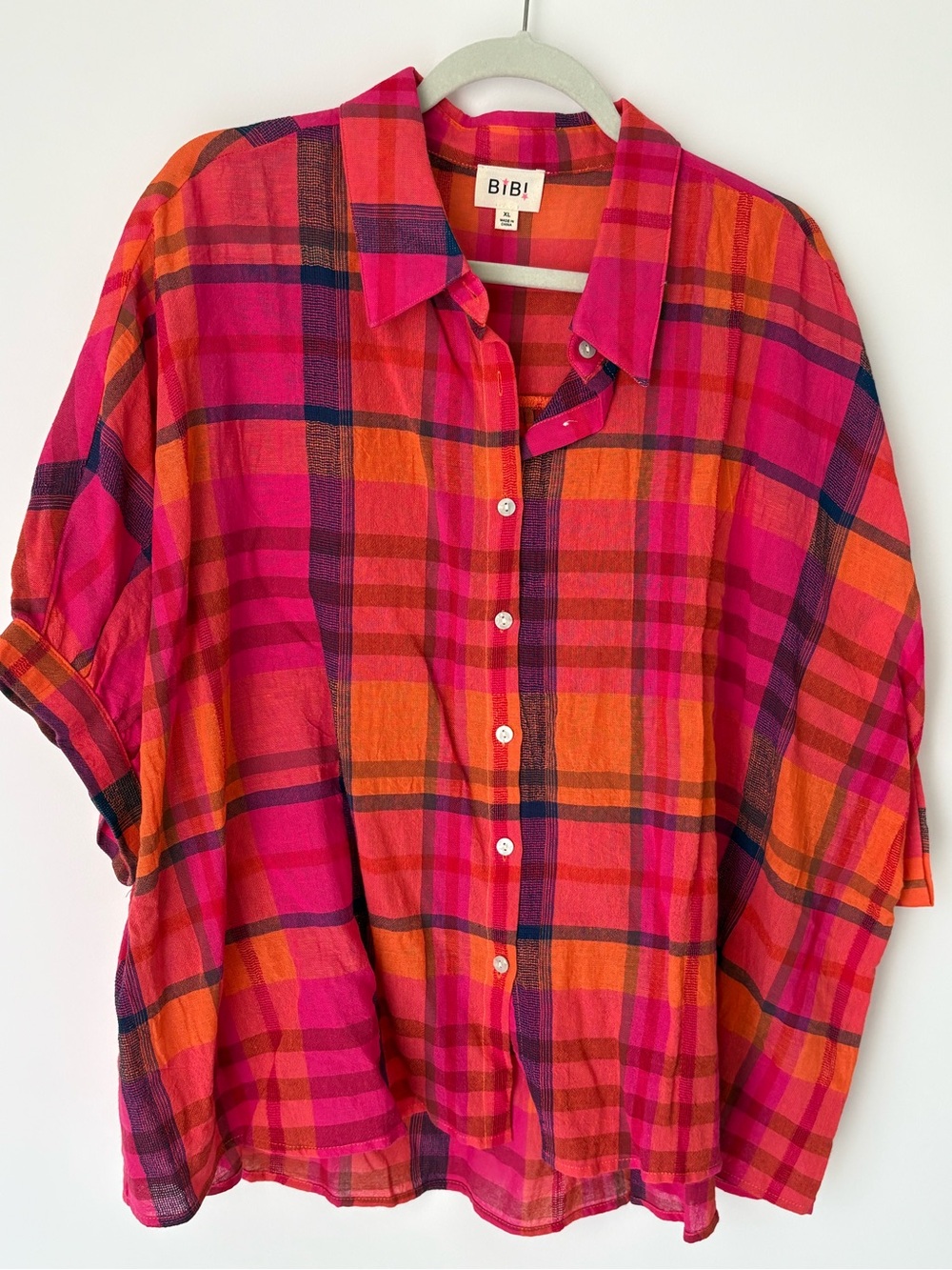 BiBi Hot Pink & Orange Plaid Oversized Button-Down Shirt